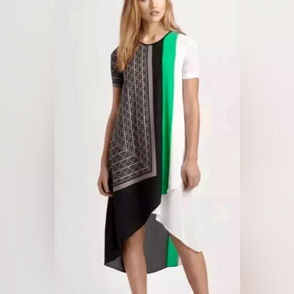 BCBGMaxAzria Adeline Asymmetrical Color Block Geo Print Midi Scarf Dress